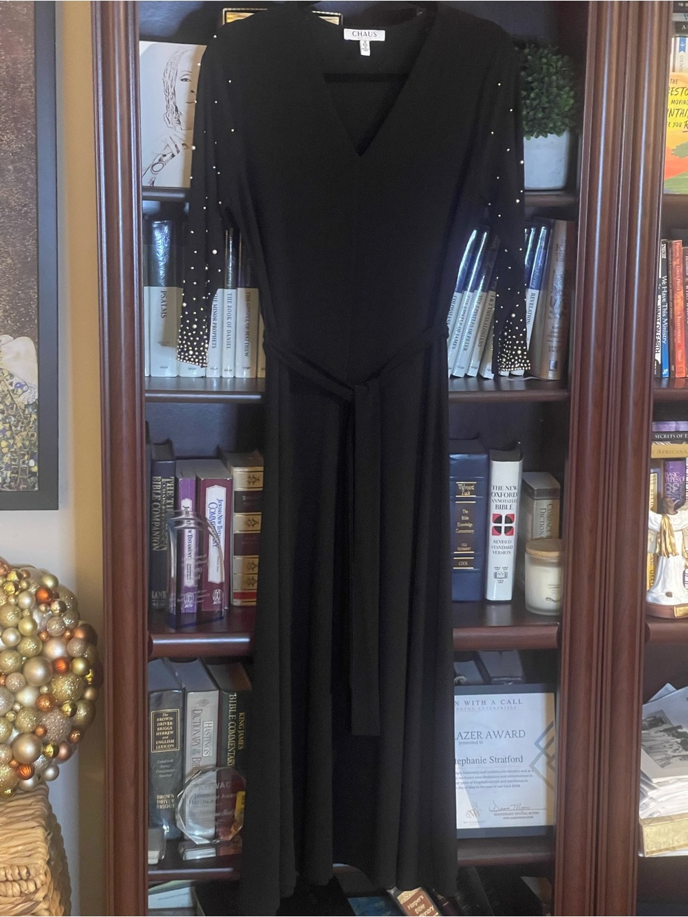 Chaus Black V-Neck Long Sleeve Maxi Dress with Embellished Sleeves